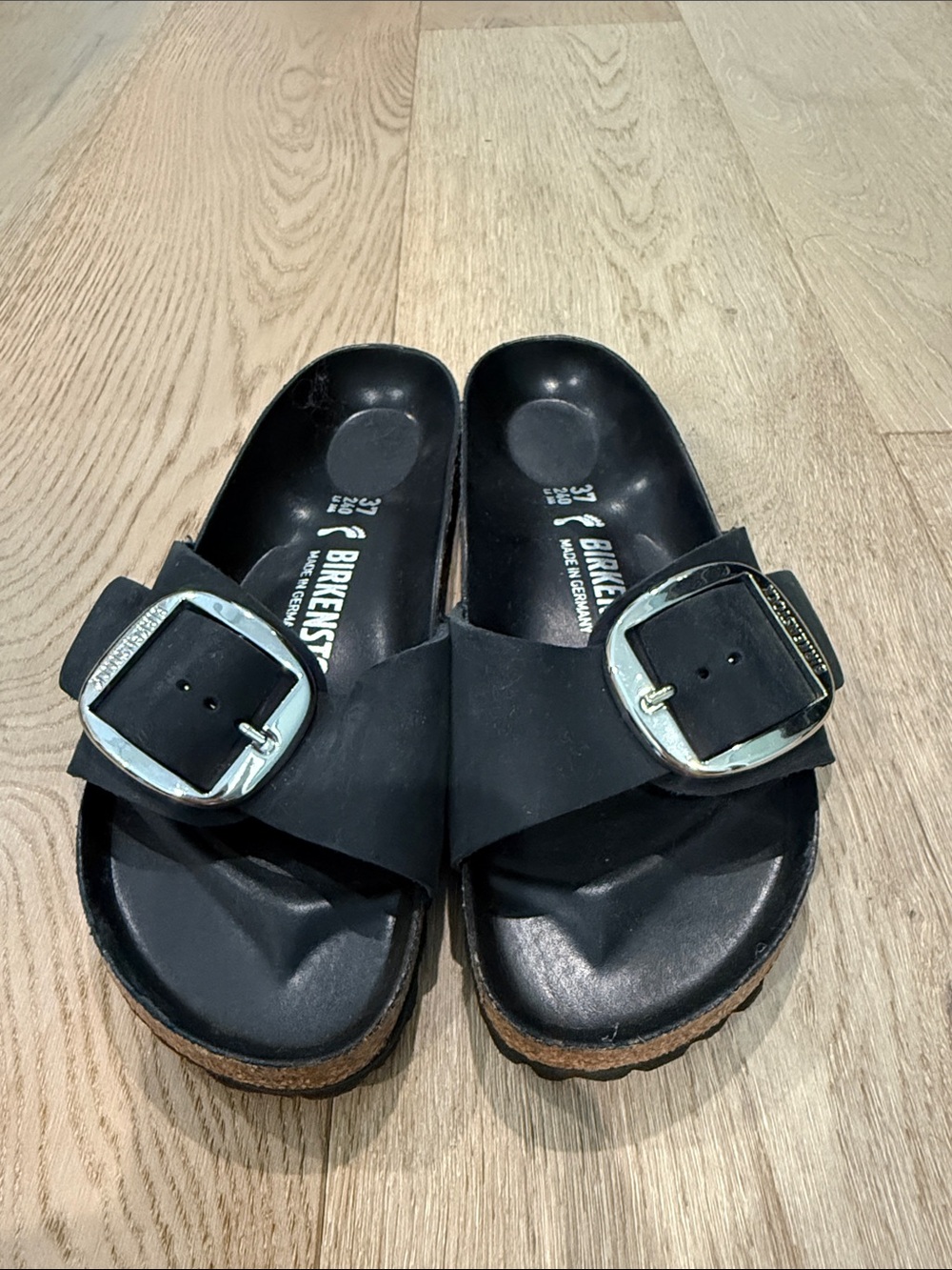 Birkenstock Madrid Big Buckle oiled black leather Sandals. 37